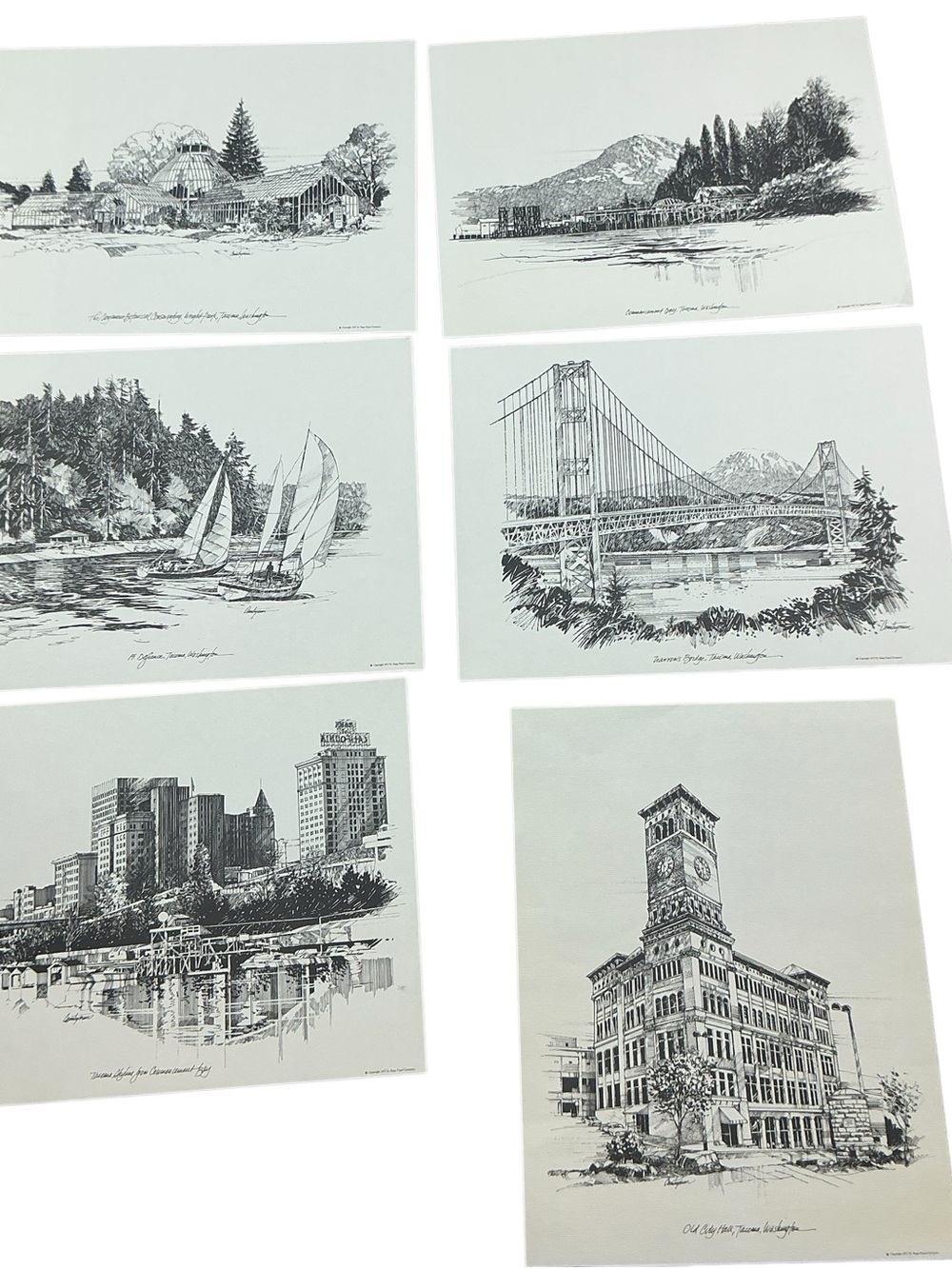 Vintage 1977 Tacoma prints by Larry Countryman set of 6 9x12” USA made